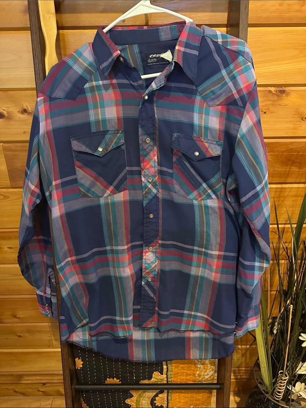 Wrangler Men's Plaid Button-Down Shirt in Navy, Teal & Pink